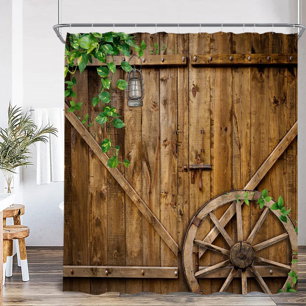 Rustic Barn Door Shower Curtains Rural Life Green Vines Wheel Wooden Plank Door Bath Decor Vintage Western Cowboy Bath Curtain