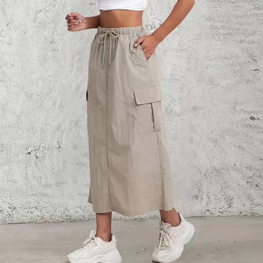 Women's Fashionable Solid Color Drawstring Elastic High Waisted A-line Pocket Back Slit Skirt