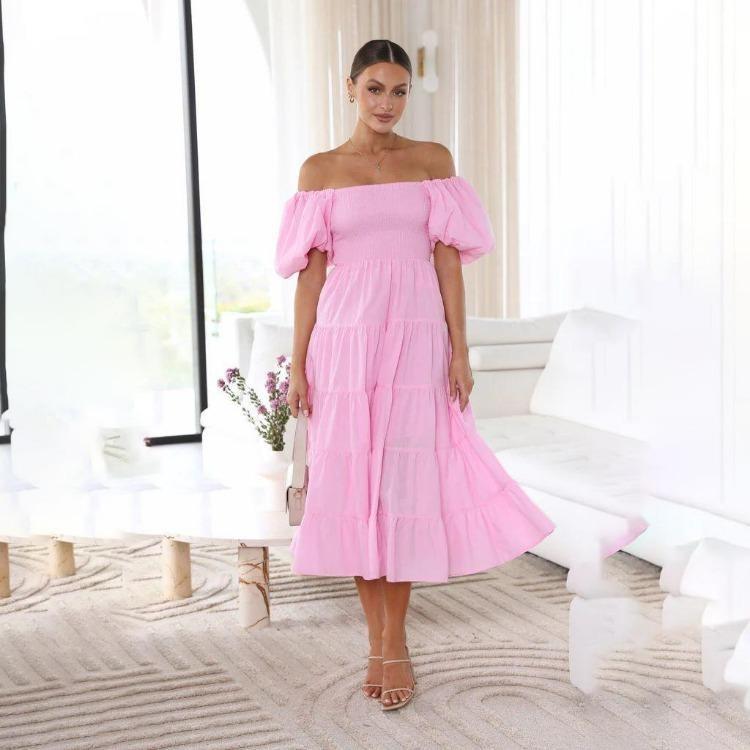 Fashion Summer Dress Women Strapless Print Pleated Short Sleeve Ankle Length