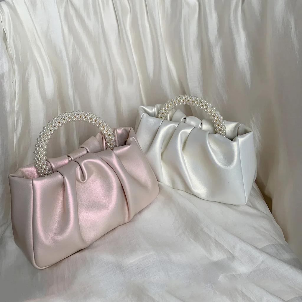 Spring and Summer New Fashion Joker Texture Pearl Pleated Clouds Pearl Sweet Pink Handbag Dinner Bag Bag Women's Handbag
