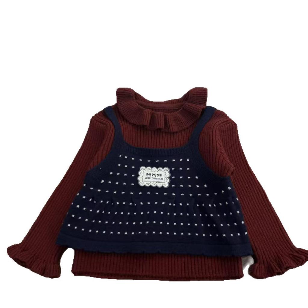 Girls' Autumn/Winter Faux Two-Piece Sweet Knit Sweater with Small Lapel