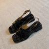 Sheepskin version~ Leather square head cross strap Roman shoes women's summer wear literary and retro woven thick heel sandals