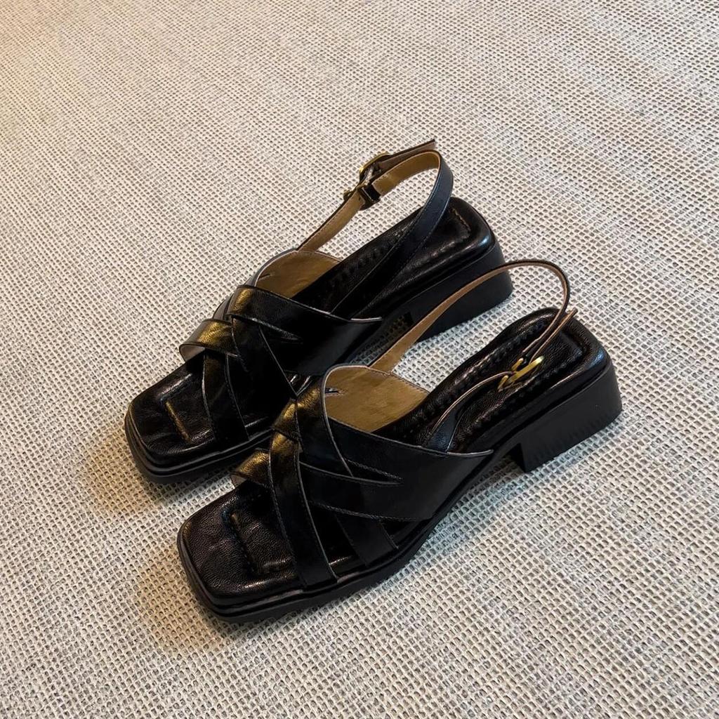 Sheepskin version~ Leather square head cross strap Roman shoes women's summer wear literary and retro woven thick heel sandals