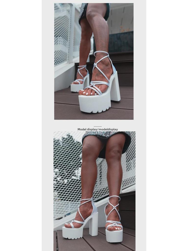 14CM Thick Heel Ultra-High Cross-Toe Open-Toe Sandals, Sizes 34-43, Sexy Height-Enhancing Style