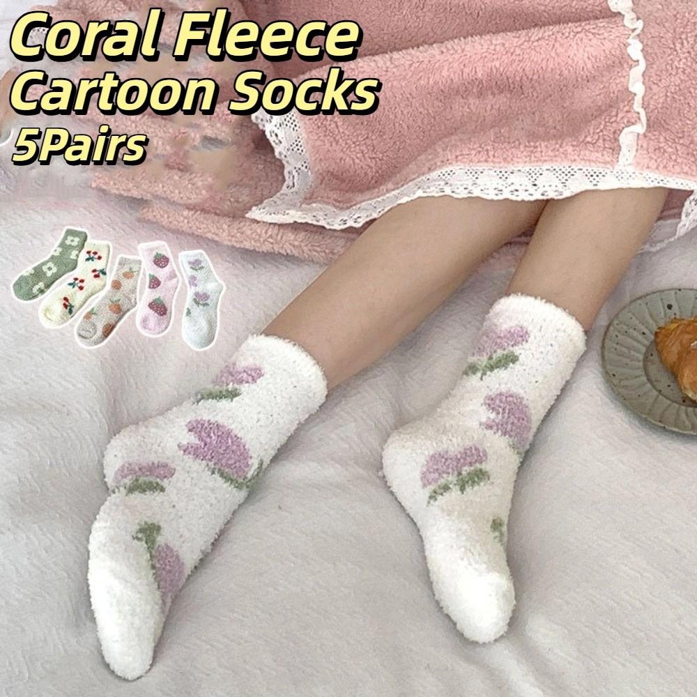 Thickened Floor Plush Socks Flower Strawberry Warm Socks Women Sweet Coral Fleece Socks  For Girls