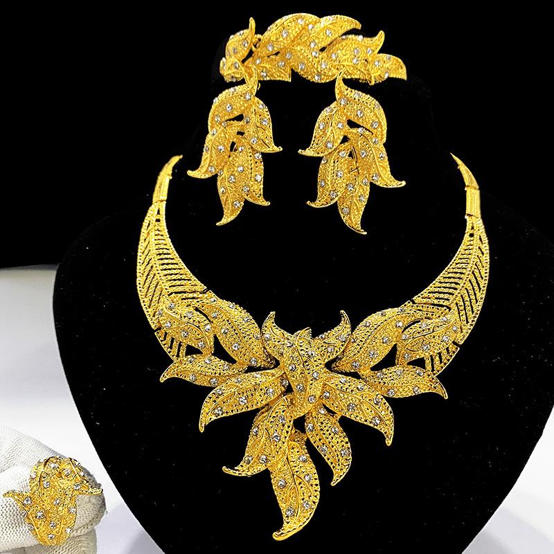 2026 Middle East Dubai Women's Alloy Necklace Earrings Ring Bracelet Wedding Accessories Four-piece Jewelry Set