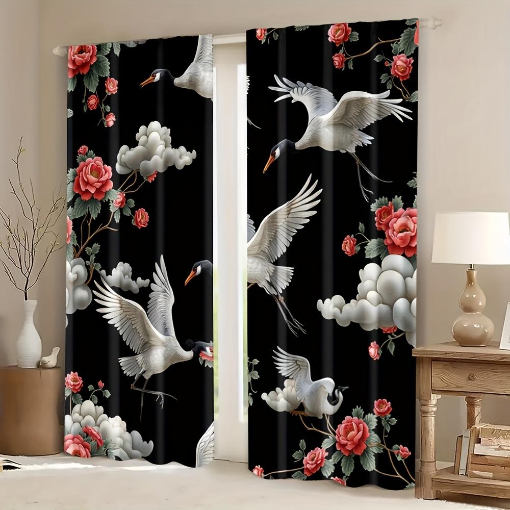 Crane Floral Pattern Curtains Polyester Fabric Suitable Bedroom Living Room Decoration Made Of Machine Washable Great Window Treatment
