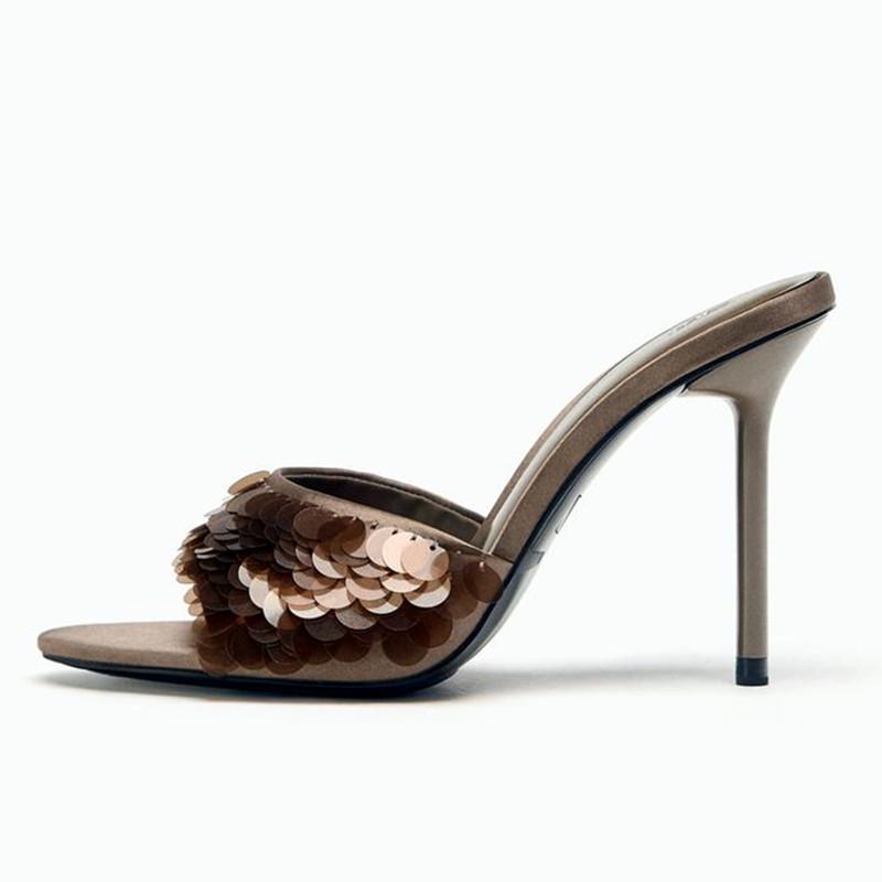 Fashion Bling Decorative Brand Designer Women's Slippers Sexy Peep Toe Slide Sandals Elegant Brown Thin High Heels Summer Party Shoes