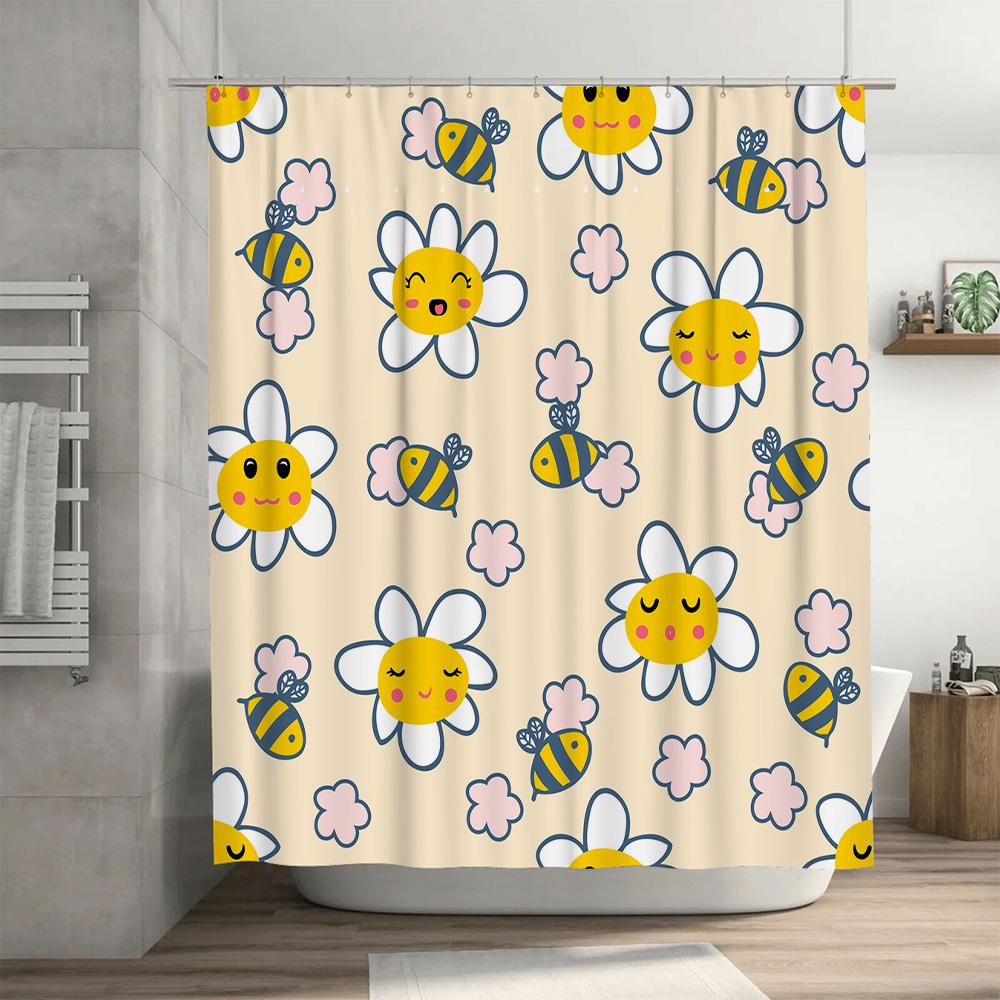 12-Inch Shower Curtain Featuring Cute Bee Flower Print For Bathroom Decor Waterproof Fabric Home Supplies White Blue Yellow Pink