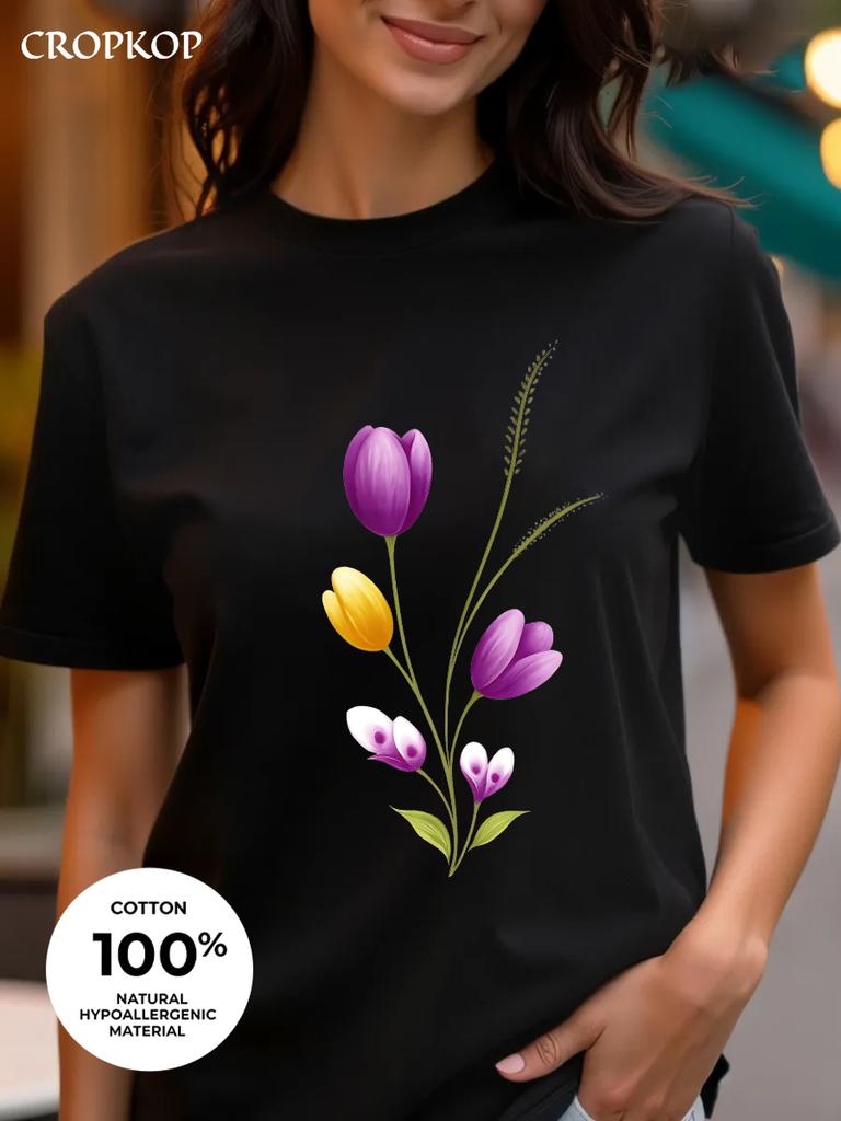 Realistic Flower Print Available In Three Colors 100 Pure Cotton Material Roundneck Shortsleeved Unisexs Tshirt Top