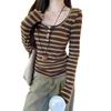 Women's Slim Fit Coffee Striped Cotton-Cashmere Long-Sleeve T-Shirt for Autumn/Winter