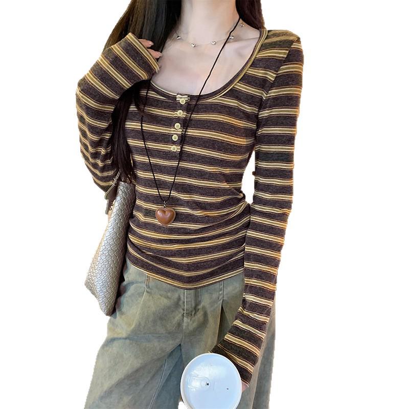 Women's Slim Fit Coffee Striped Cotton-Cashmere Long-Sleeve T-Shirt for Autumn/Winter