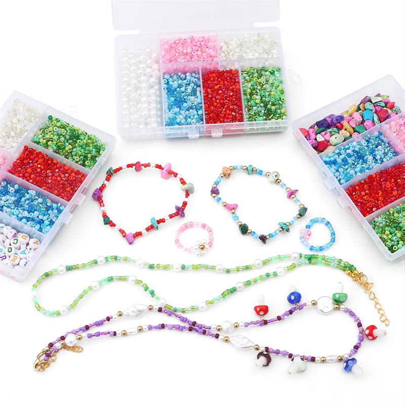 3500 pièces/boîte de perles de rocaille, perles de l'alphabet, perles de pierre naturelle, perles de verre lampwork, kit de perles de champignons pour la fabrication de colliers, bracelets, boucles d'oreilles, bijoux