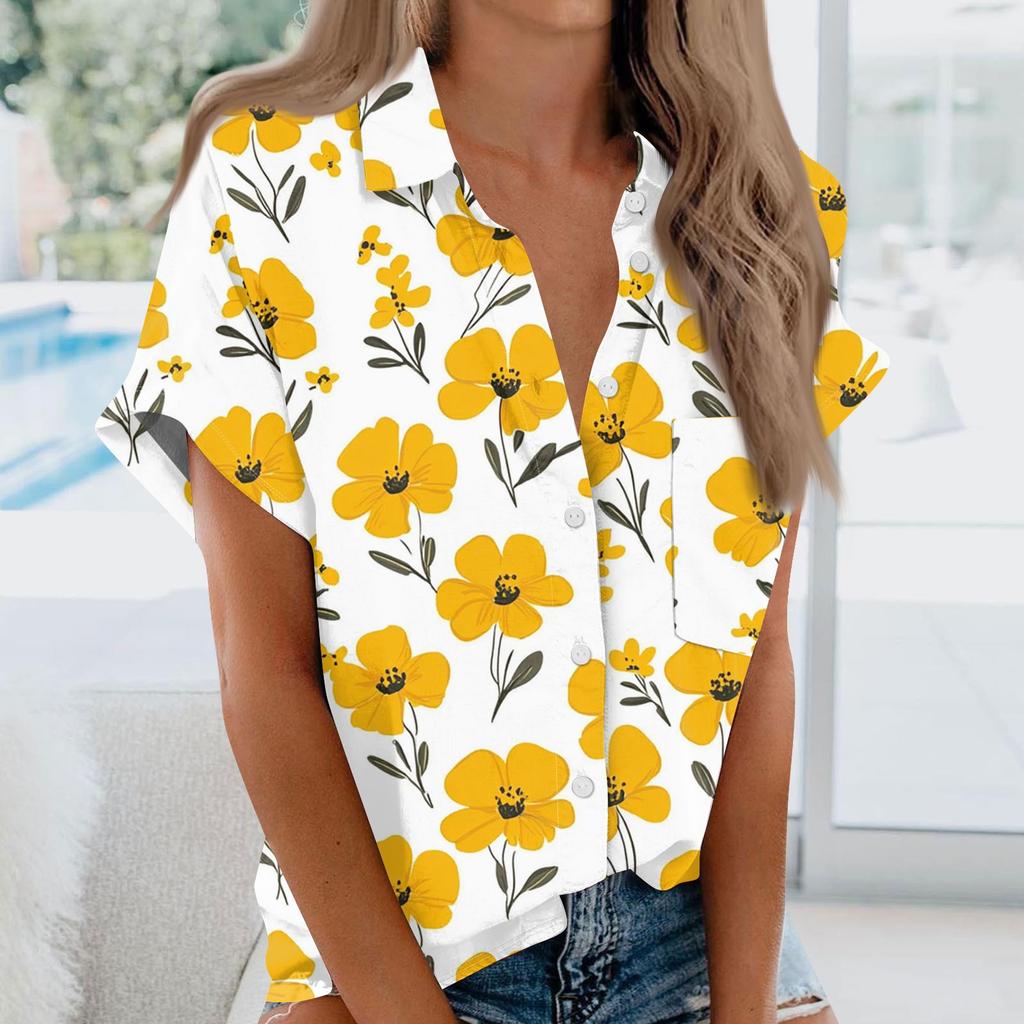 Women's Short Sleeved Shirt, Daily Fashion Printed Button Top, Chest Pocket Cardigan