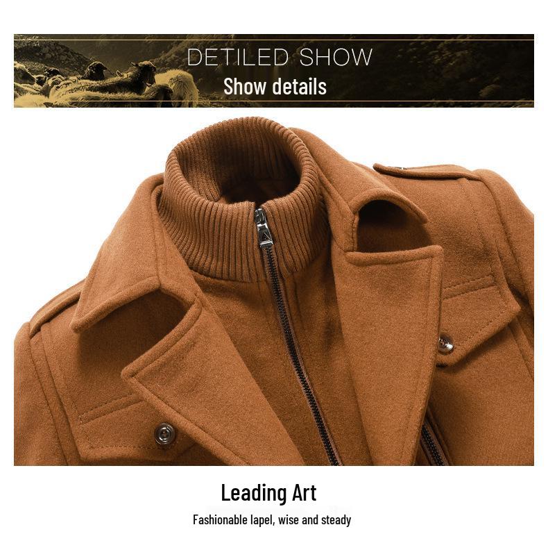 European Style Woolen Double Collar Men's Windbreaker – Vertical Zipper, Thickened Plus Size for Autumn/Winter.