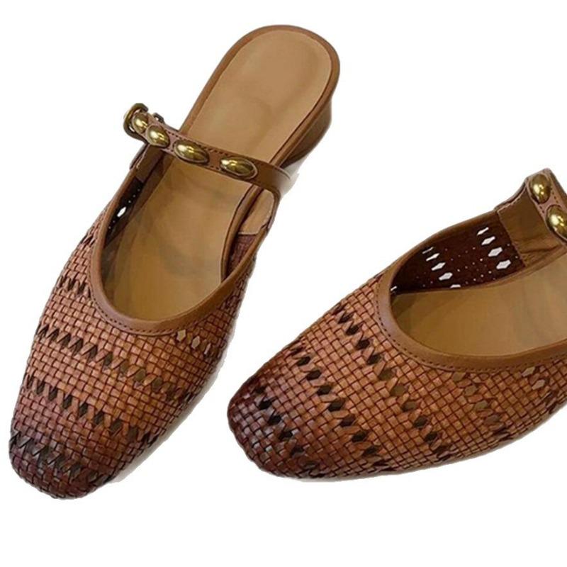 New temperament woven hollow sandals flat bottom round head with slippers outer wear bag head half slippers