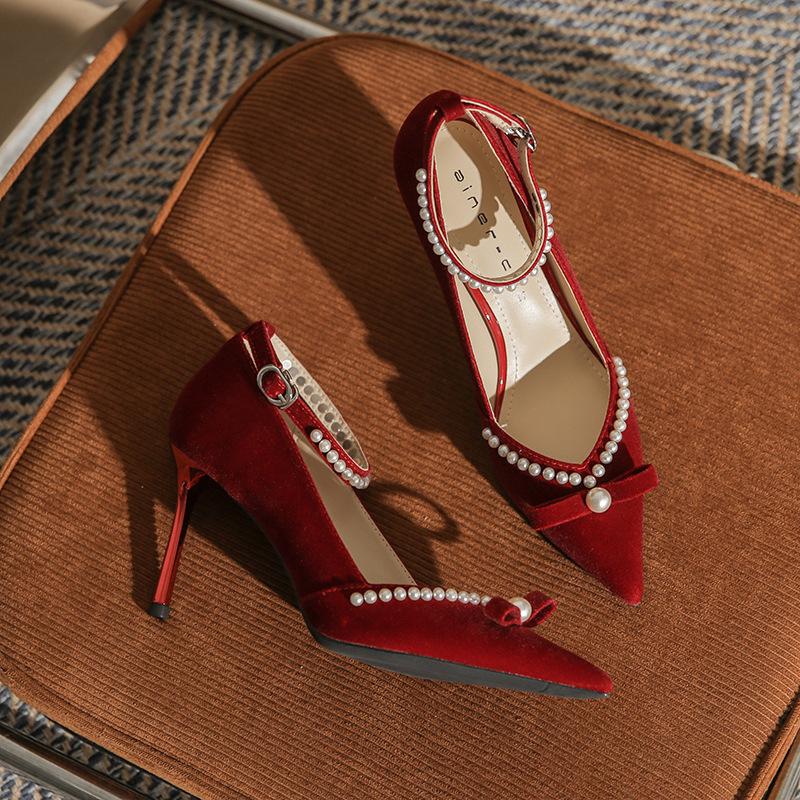 83112 High Heels Women's Thin Heels 2025 New Xiuhe Bridal Shoes Pointed Pearl Word with Wedding Single Shoes