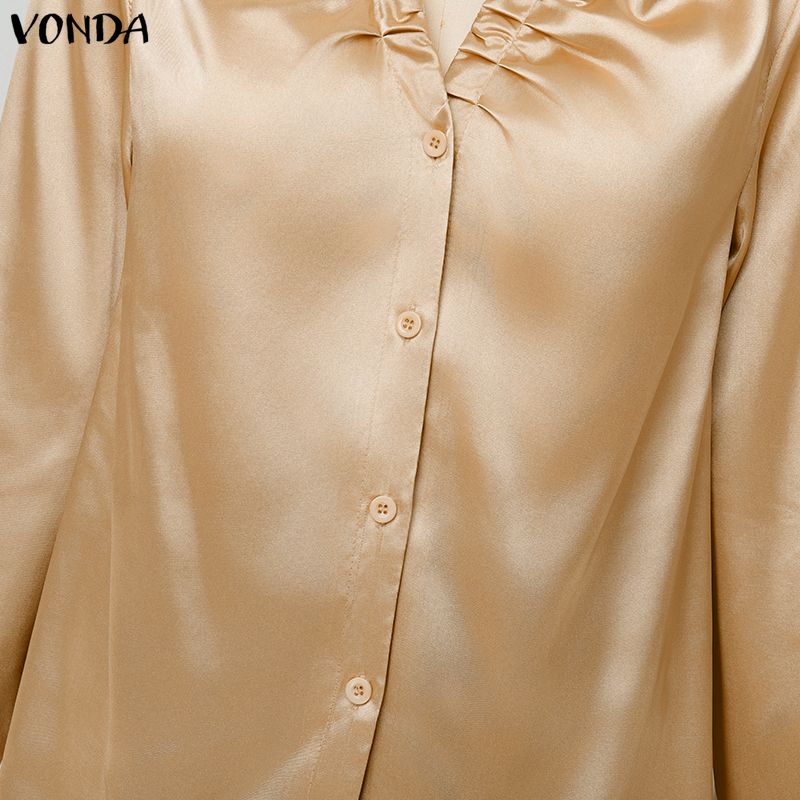 VONDA Elegant Women Pleating Lapel V Neck Long Sleeve Buttons Up Casual Office Shirts Blouse
