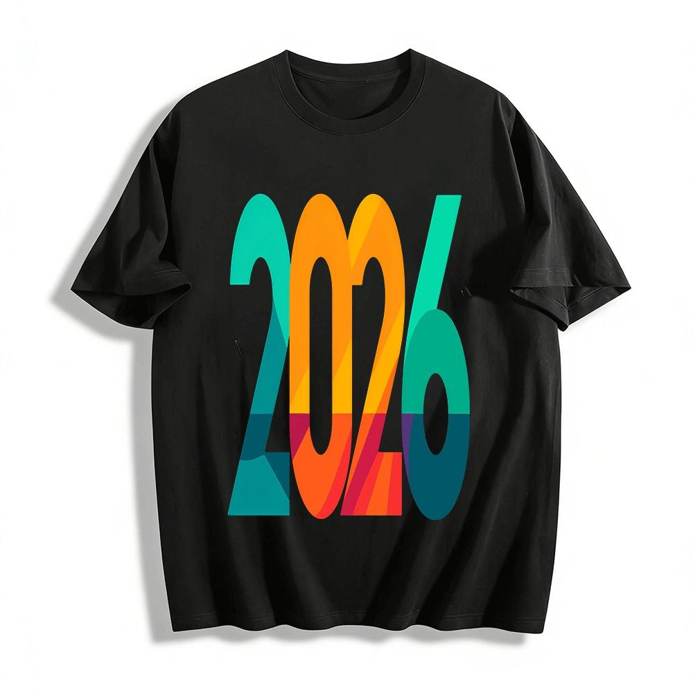 2026 New Year Themed Printed Casual T-shirt Unisex Festival Top Pure cotton T-shirt XXS