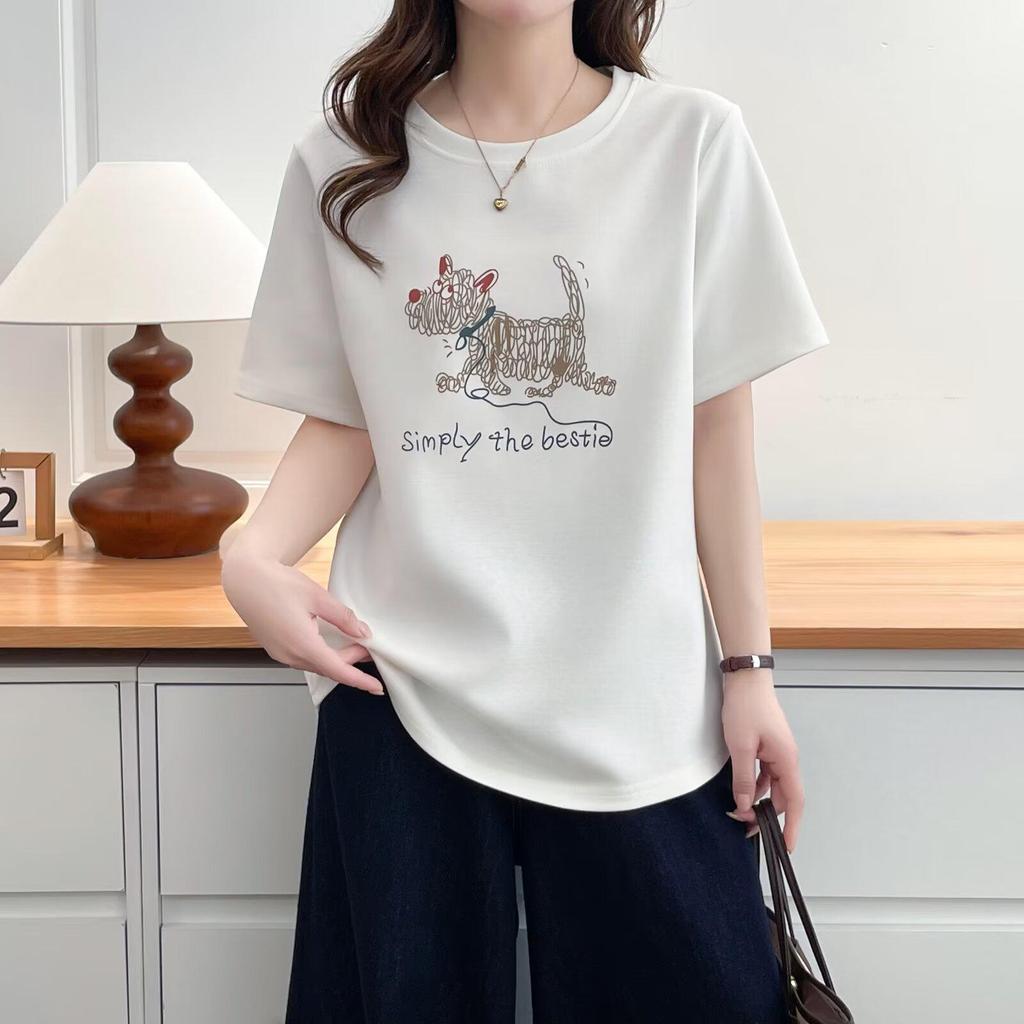Korean Cute Graffiti Puppy Print Plus Size Women's Round Neck T-Shirt, Short Sleeve, Loose Fit