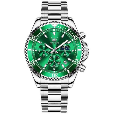 Beliebte Uhr, stilvolle analoge Quarz-Armbanduhr, wasserdicht, silbernes Edelstahlband, Chronographenuhr, leicht lesbar, grünes Zifferblatt, Business-Mode