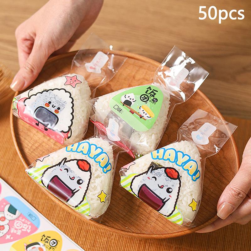 50Pcs Cartoon For Triangle Rice Ball Packaging Bag Nori Onigiri Sushi Bag With 2 Onigiri Mold And 50 Stickers Sushi Making Mold