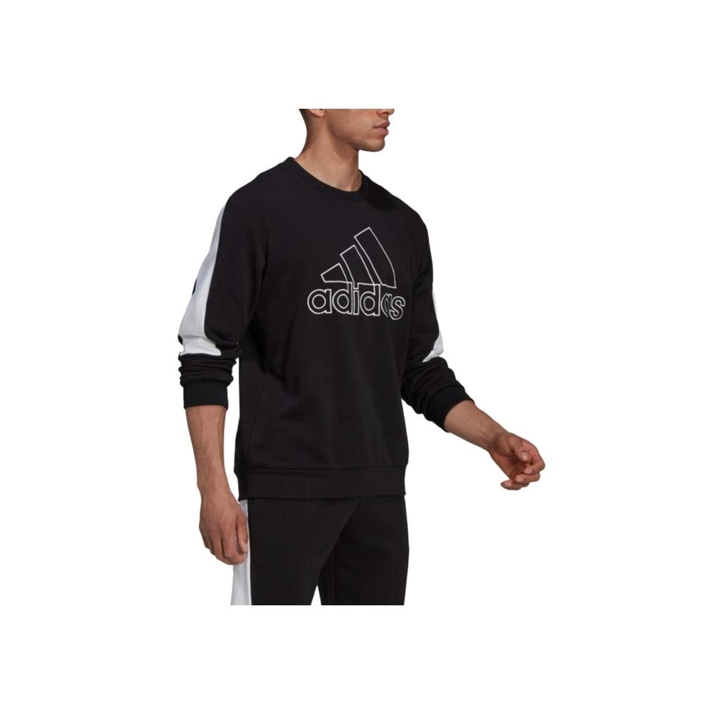 Adidas Striped Print Large Logo Crew Neck Sweatshirt Men Tops Black HK4539