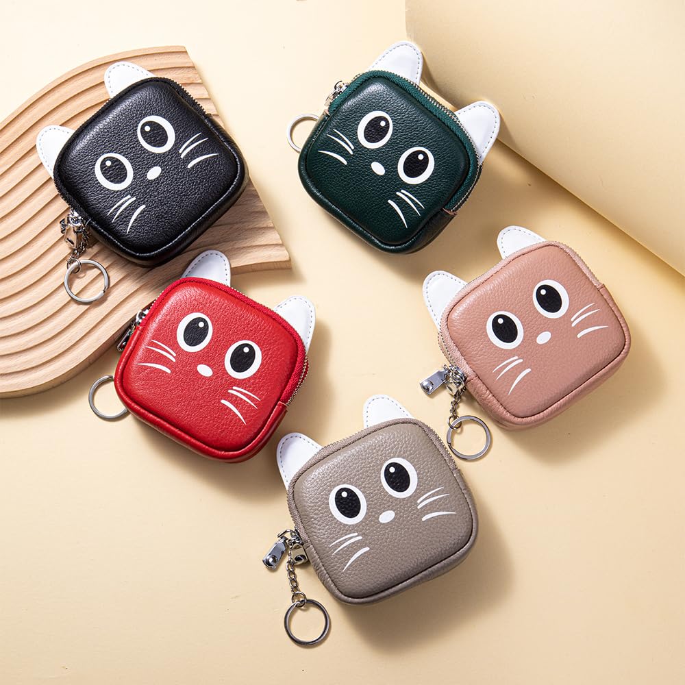 Äkta Läder Katt Myntplånbok för Kvinnor, Sött Myntfodral med Nyckelring, Miniplånbok, Accessoarväska, Katt Minipåse med Nyckelring (Svart)