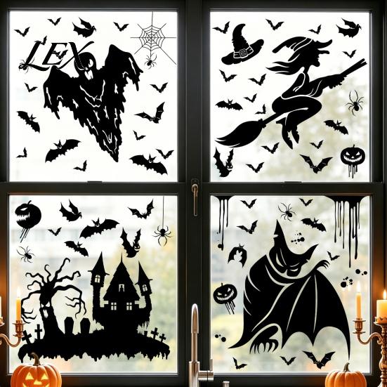 Spooky Party Decorations Halloween Static Sticker, with Witch/Ghost/Castle/Bat Horror Silhouette Patterns, Durable PVC Theme Home Decor Wall
