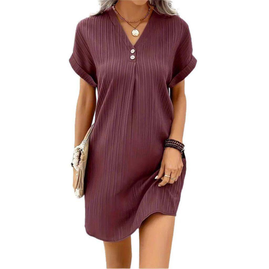 Elegant 2025 Women's V-Neck Solid Color Casual Button Dress