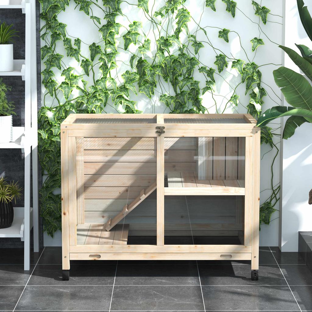 Small Animal Hutch with 2 Levels, 4 Wheels, Sealed Fir Wood, Natural