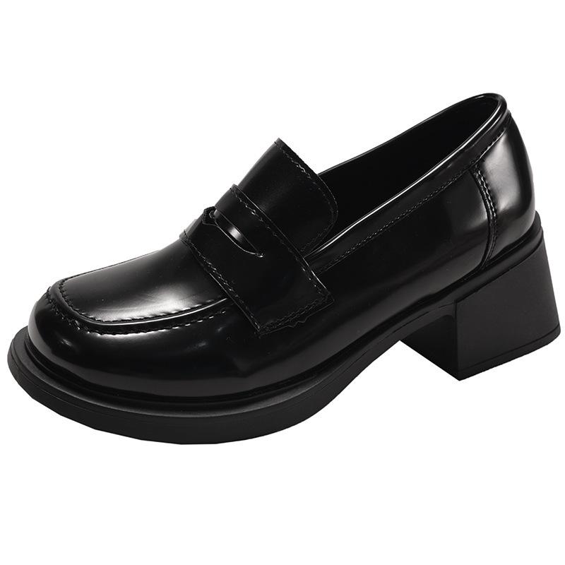 Black British style small man thick heel platform small leather shoes women 2025 new summer retro one-pedal loafers