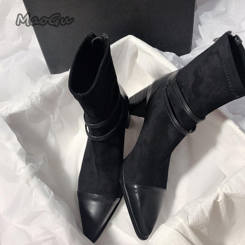 Fashion Women's Beige Suede Ankle Boots Pointed Toe Chunky High Heels Buckle Strap Short Boots Elegant Office Party Dress Shoes