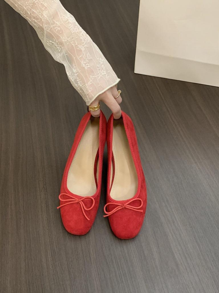 French Inner Heightening Suede Ballet Shoes 2025 New Bow Red Evening Shoes