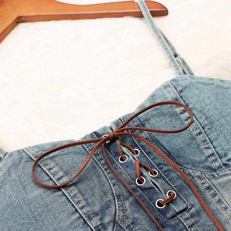 2025 Summer Plus Size Retro Denim Waist-Cinching Slip Dress for Women