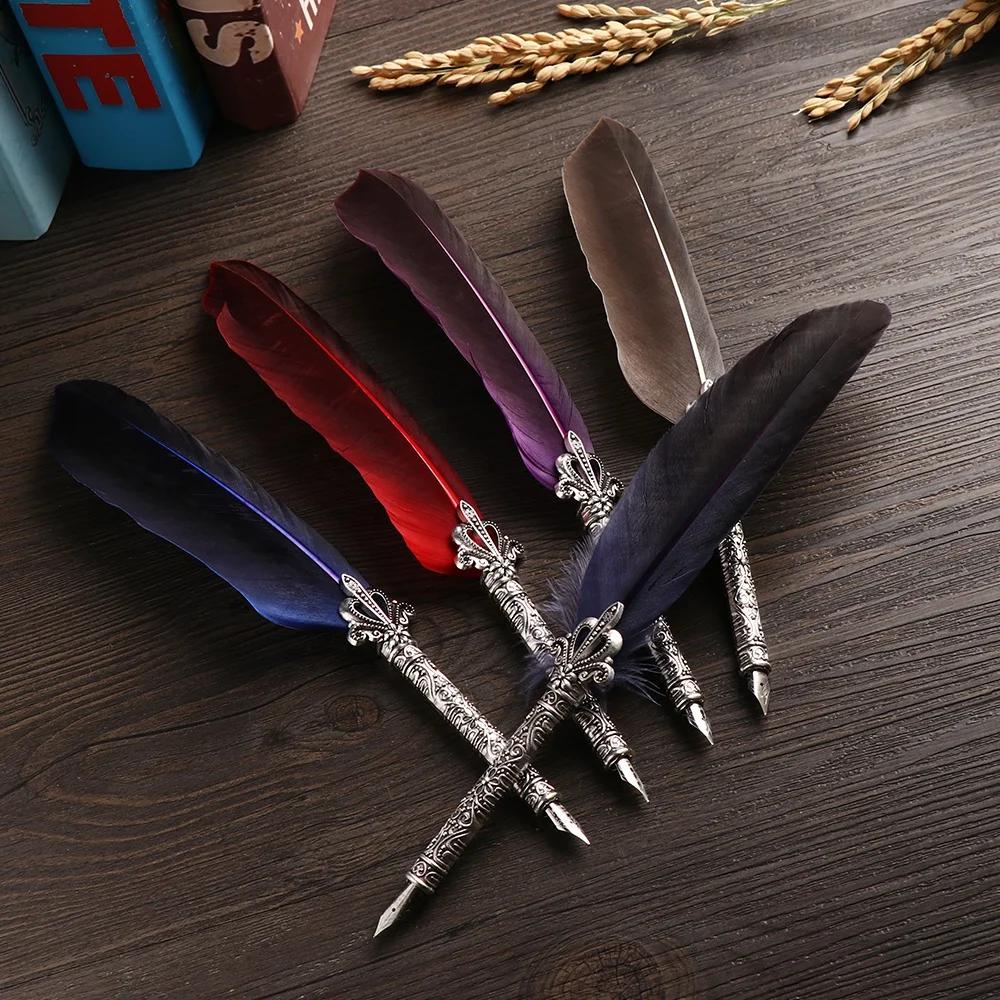 

1 Set Multicolor Retro Quill Dip Pen Feather Gift Writing Tools Office School Supply зелёный