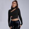 Women's 2024 Autumn/Winter Black Semi-High Neck Long-Sleeve Sexy T-Shirt