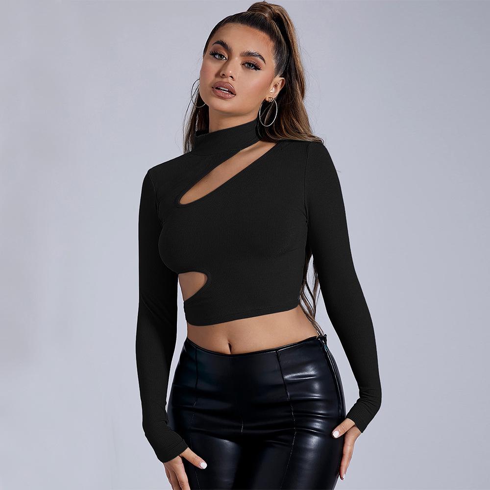 Women's 2024 Autumn/Winter Black Semi-High Neck Long-Sleeve Sexy T-Shirt