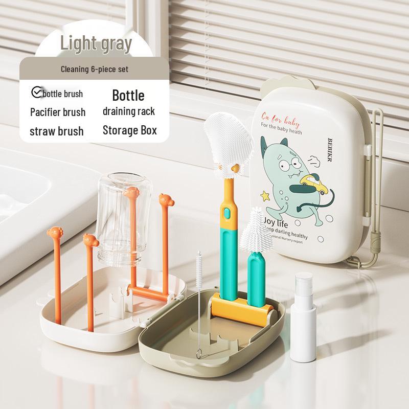 Portable Baby Bottle & Nipple Cleaning Brush Set with Drain Rack and Storage Box