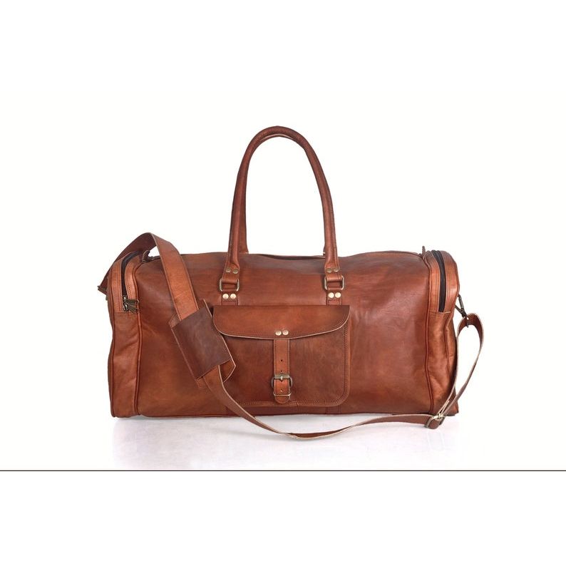 Handmade Goat Leather Duffel Bag | Vintage Weekender | Travel Carry-On Bag for Men | Brown Overnight Gym Luggage