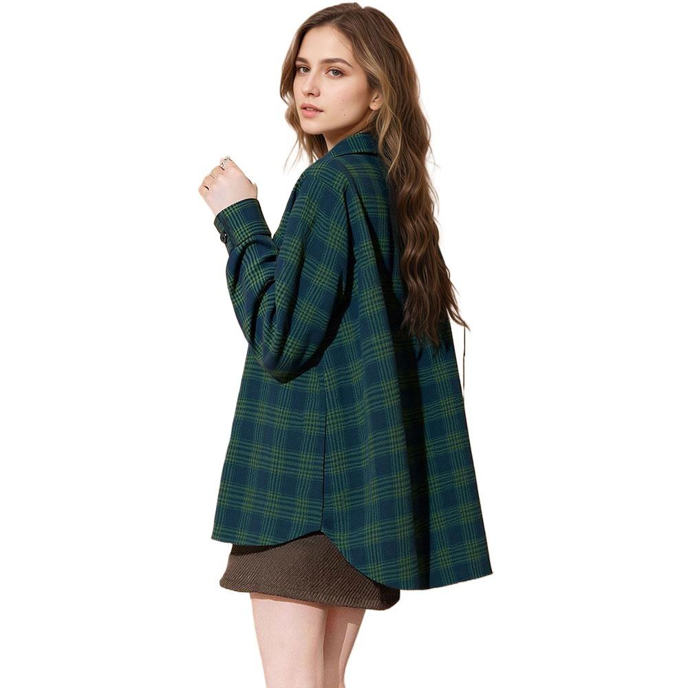 Women s long-sleeved shirt autumn casual loose plaid lazy style contrasting cardigan shirt S зелёный