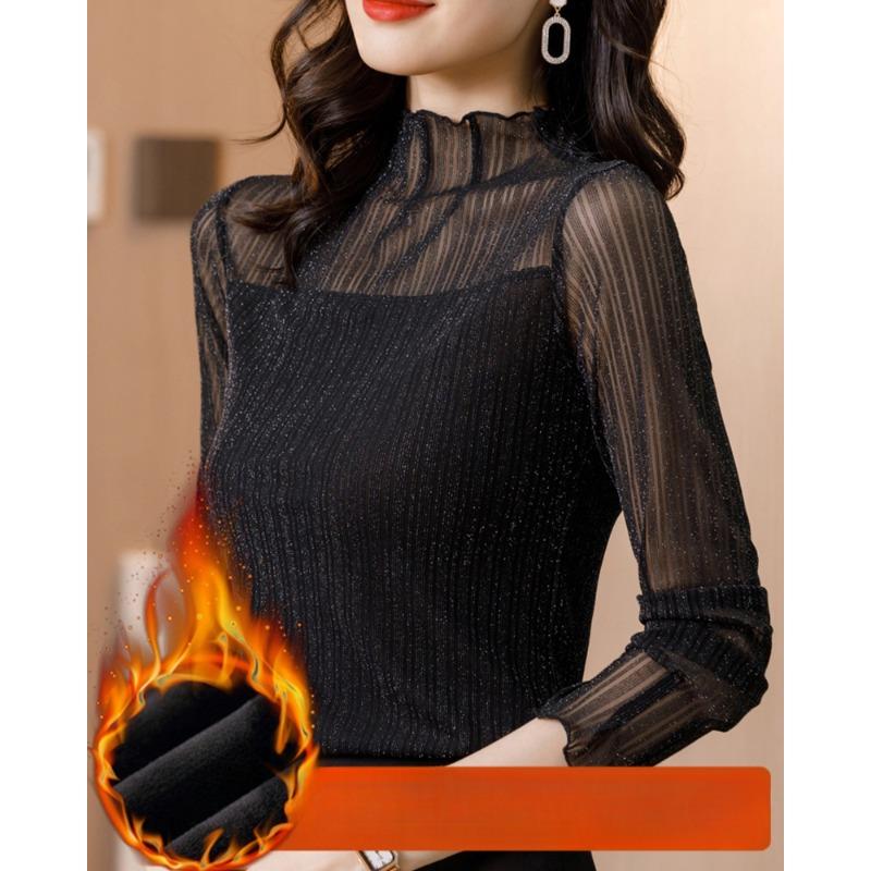 Mesh-Basisshirt mit hohem Kragen für Damen. Modischer Anzug für Herbst und Winter mit kleinem Hemd plus verdicktem Samt-Langarm-T-Shirt. Spitzenoberteil.