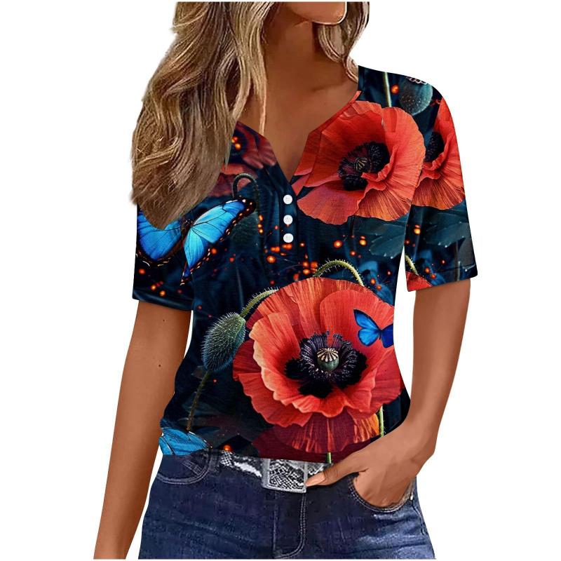 Summer Fashion 2026 New Women's Clothing 3D Butterfly Print V-Neck Three-Button Short Sleeve T-Shirt