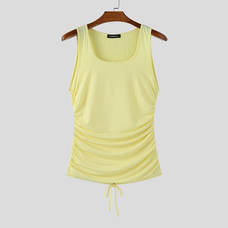 

INCERUN Men Sleeveless Side Drawstring Casual Ruffled Fitted Rib Tank Tops 5XL жёлтый