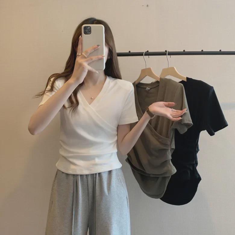 

2025 Summer Women s Slimming V-Neck Short Sleeve Trendy Top L зеленого кольору хакі