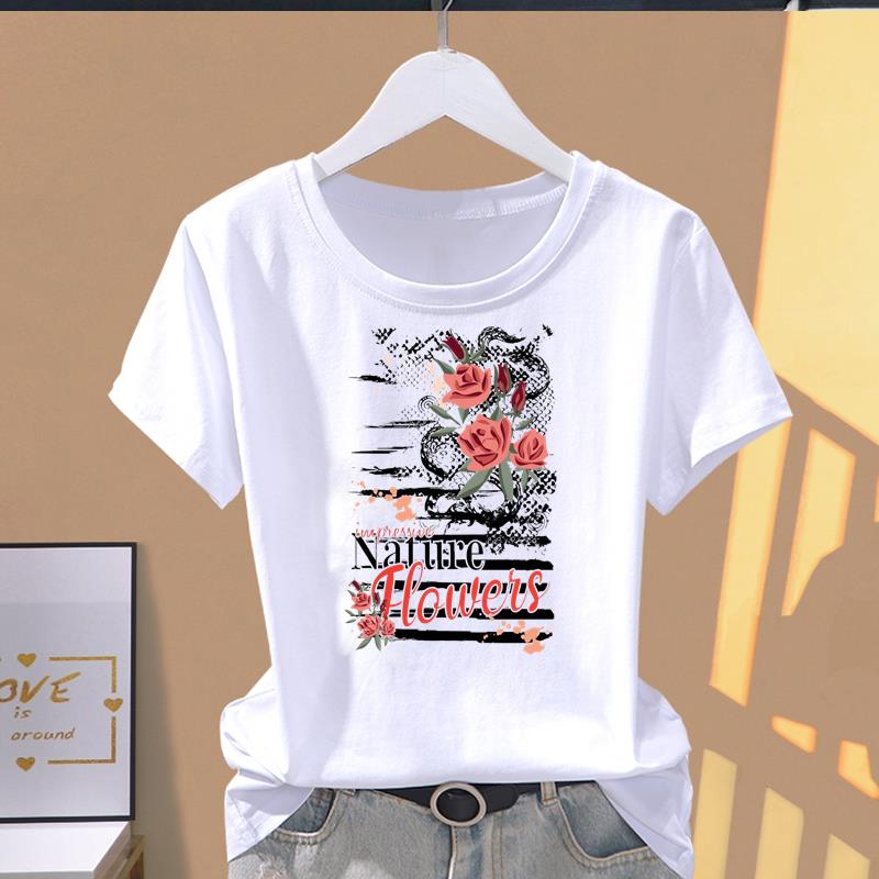 (Asian Size) Top O-neck Tee Fashion Print love style trend Casual Short Sleeve T-shirts T Graphic Female Women's Clothing