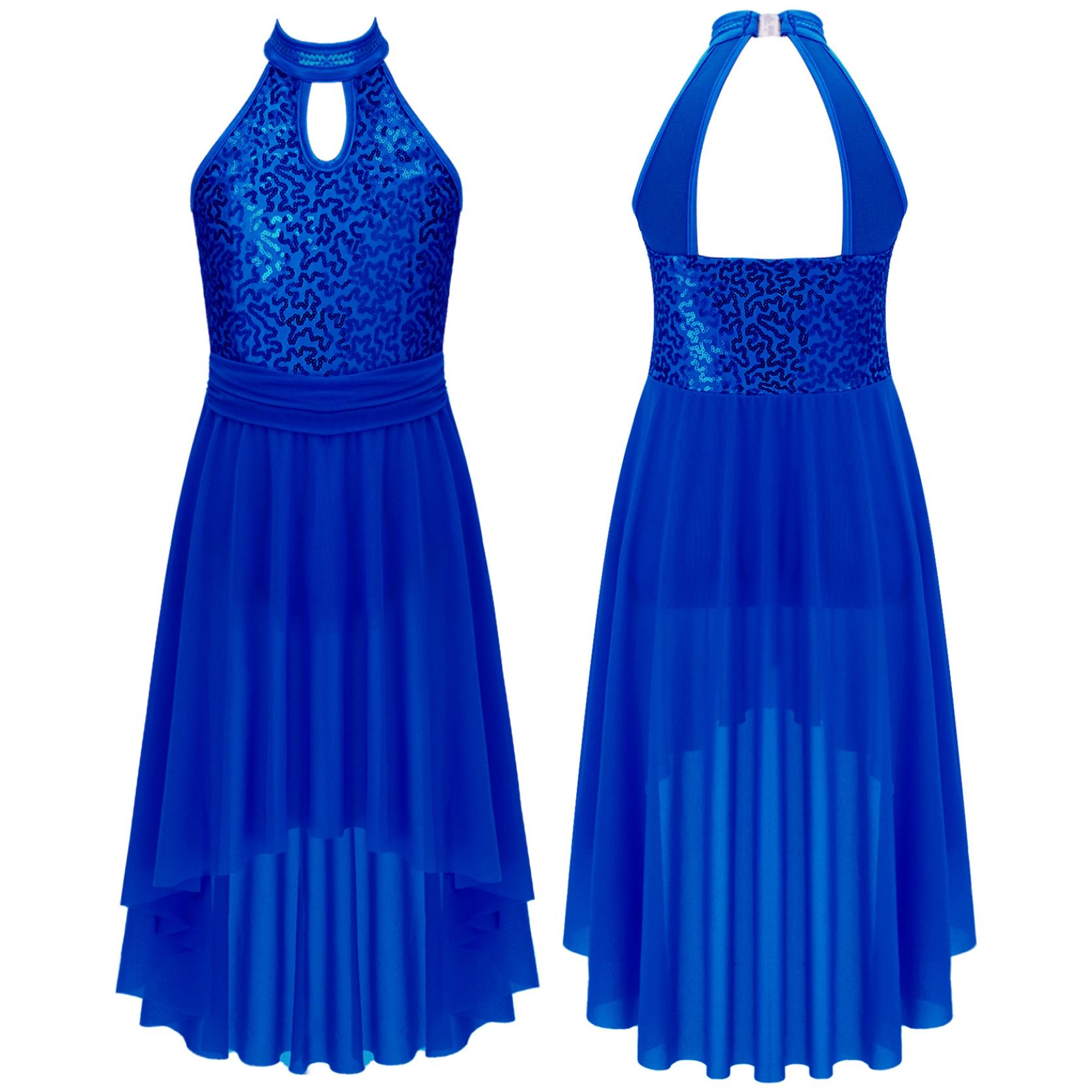 

Платье без рукавов с открытой спиной и блестками, нерегулярный подол, вуаль для детей, девочек, сценическое выступление 15-16 Years королевский синий