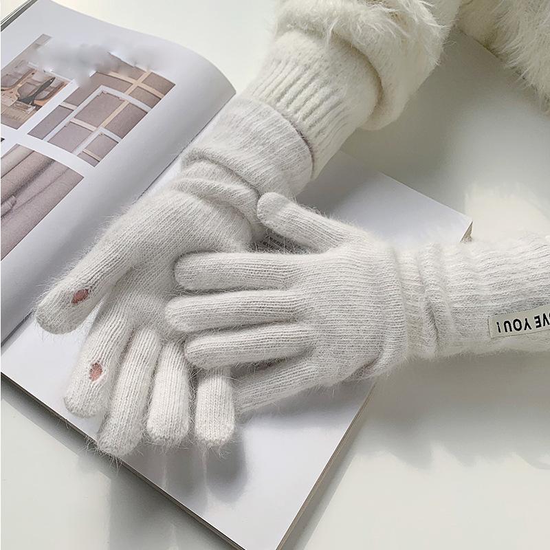 Dopamine dew finger gloves women's warm and cold-proof long winter solid color blended knitted five fingers