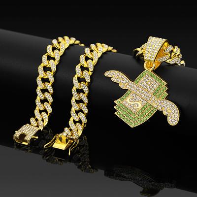Herren Hip Hop Flügel Cash Anhänger Geld Dollar Symbol Halskette mit 20 Zoll Miami Cuban Kette Halskette für Männer Rapper Schmuck Geschenk