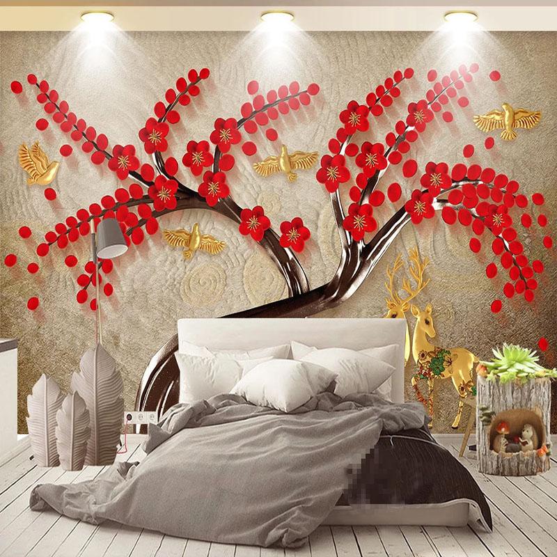 Mural European Style Retro 3d Elk Red Flower Bird Tree Wallpaper For Living Room Sofa Tv Background Wall Mural